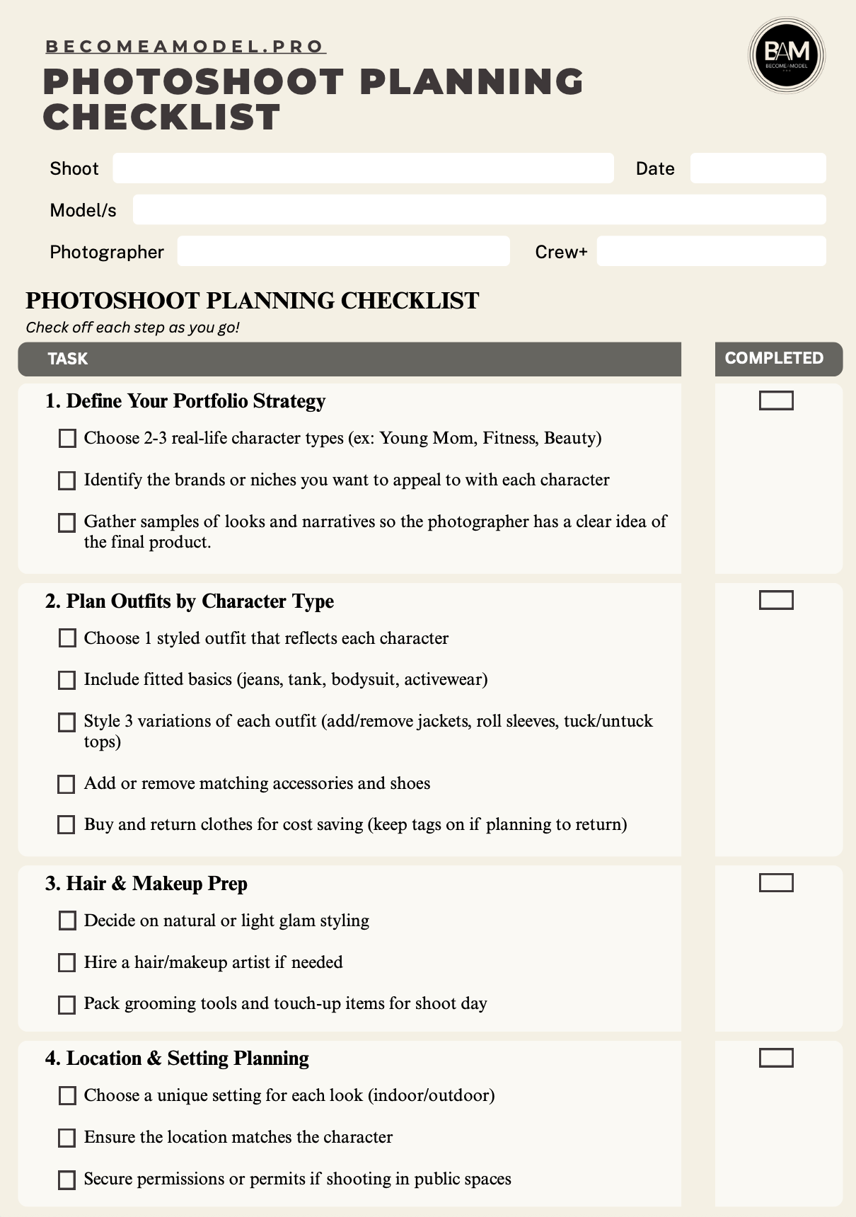 Photoshoot planning checklist